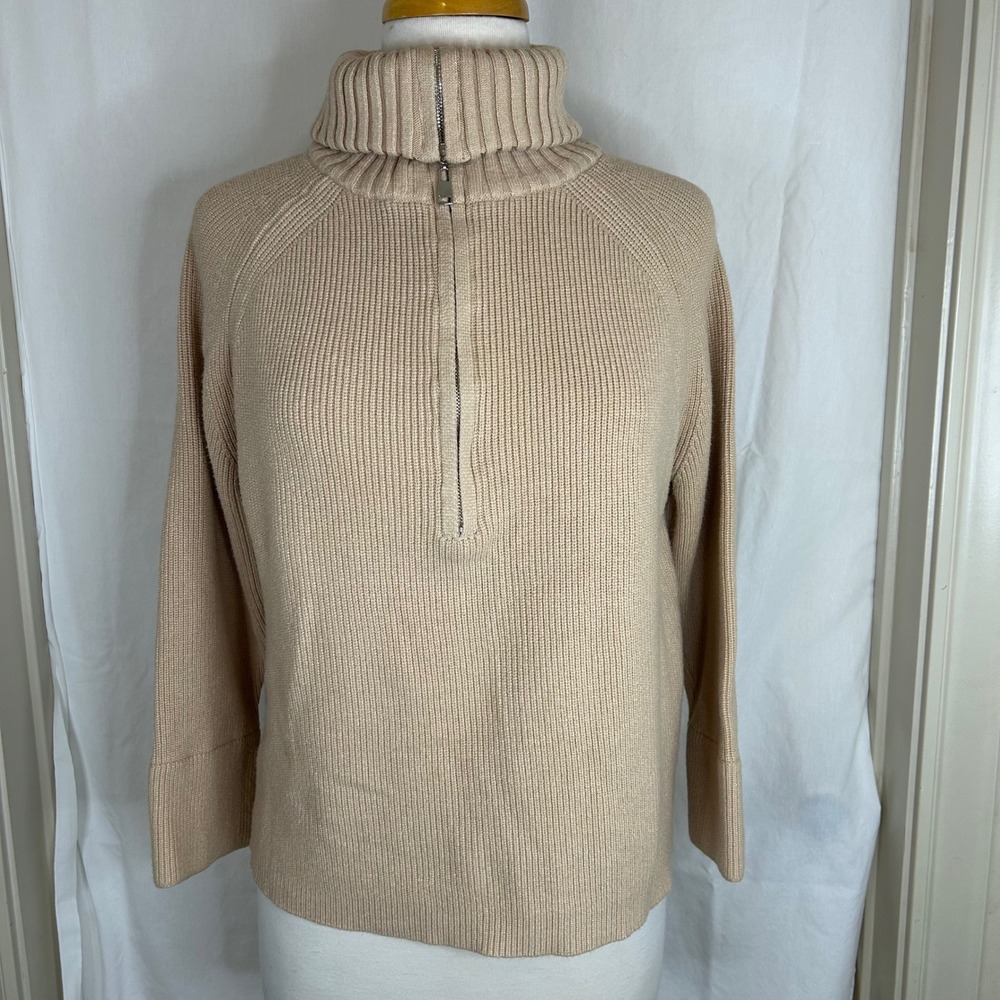 BTFBM Women's M Beige Ribbed Knit Half Zip High Neck Fisherman Pullover Sweater